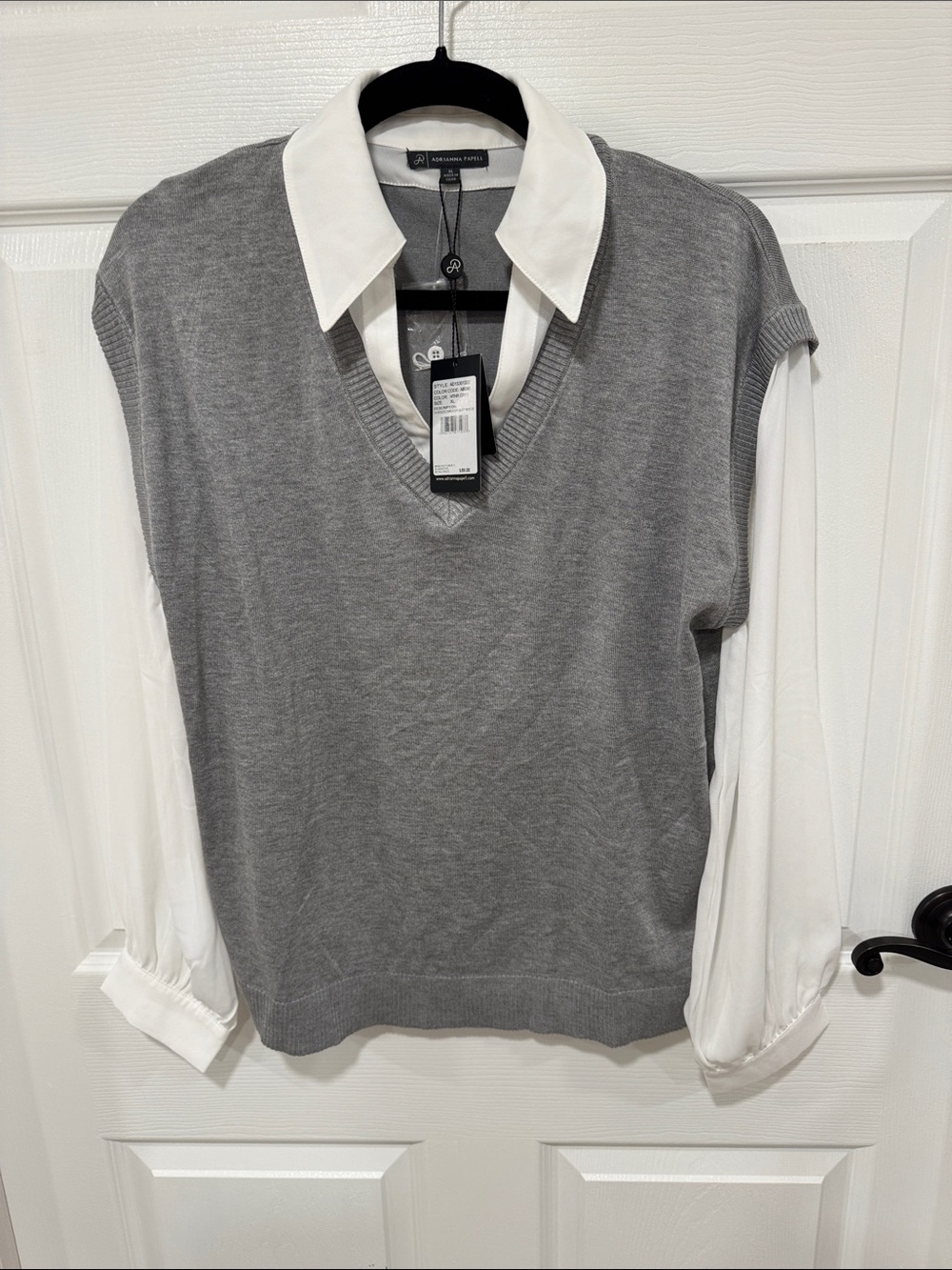 Adrianna Papell Grey Knit Sweater with White Shirt Collar